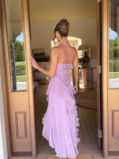 Valeria lila one-shoulder maxi jurk met plissé en ruches