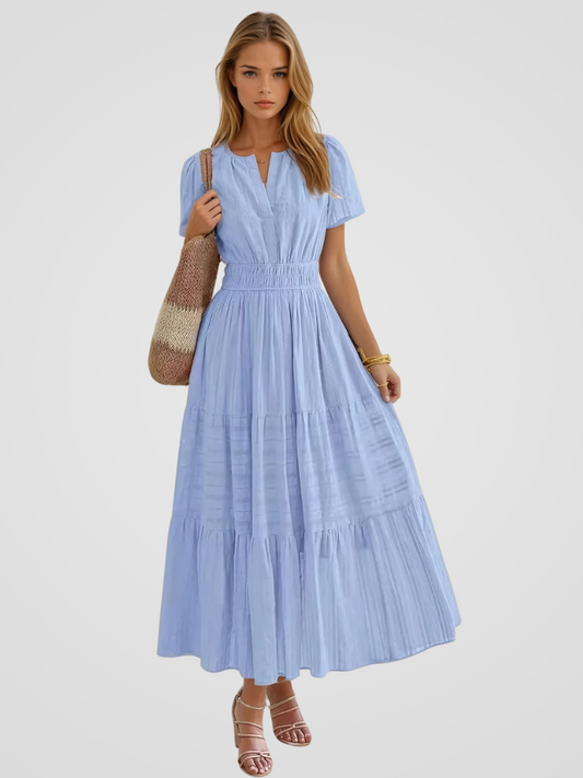 Elise lichtblauwe katoenen maxi jurk met elastische taill