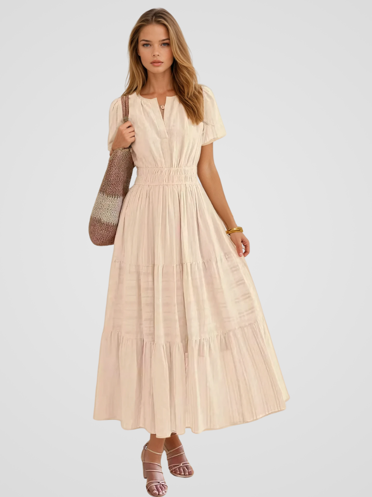 Elise wit katoenen maxi jurk met elastische taill