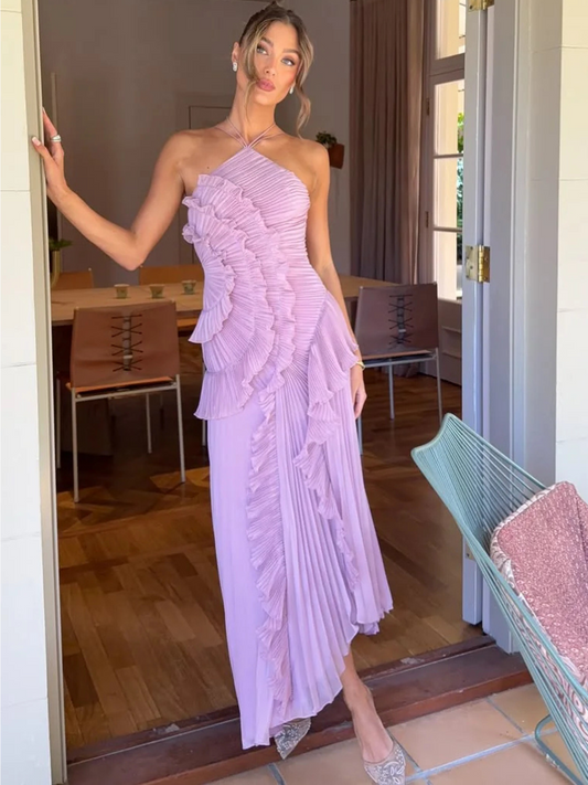 Valeria lila one-shoulder maxi jurk met plissé en ruches