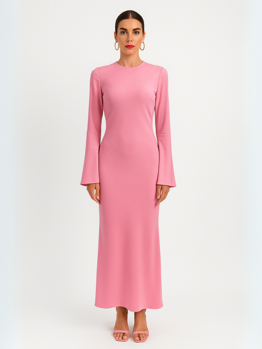 Aurora roze maxi jurk met lange mouwen en luxe uitstraling