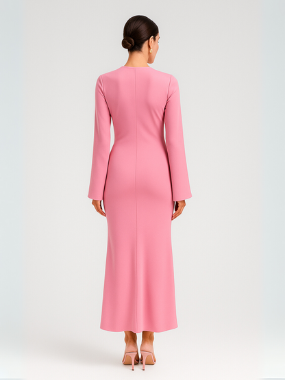 Aurora roze maxi jurk met lange mouwen en luxe uitstraling