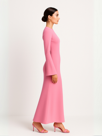 Aurora roze maxi jurk met lange mouwen en luxe uitstraling