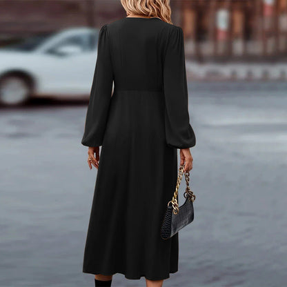 Elegante herfstjurk met lange mouwen en v-hals – Dames