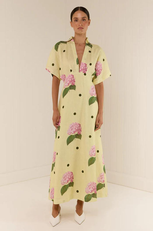 Marisa maxi jurk met Portofino polka dot print en bloemen, gele jurk met V-hals