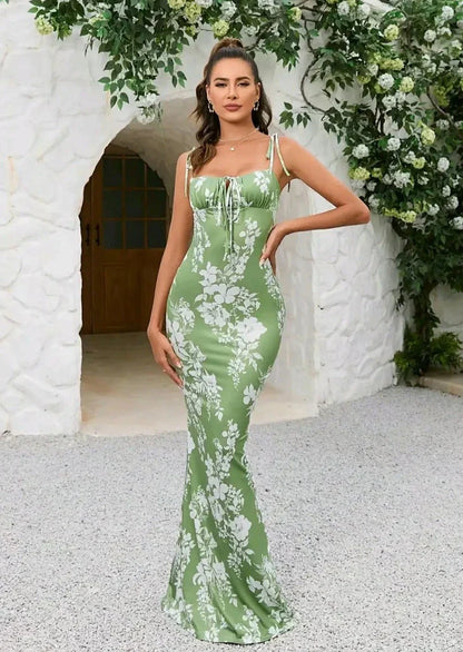 Taylor groene maxi jurk met bloemenprint en strikbandjes
