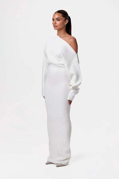 Elegante schouderloze sweater maxi jurk - Dames