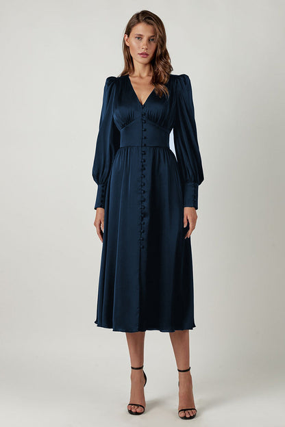 Elegante satijnen maxi jurk met wijde mouwen - Dames