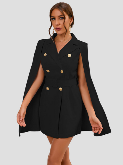 Sabine zwarte cape blazer jurk met gouden knopen