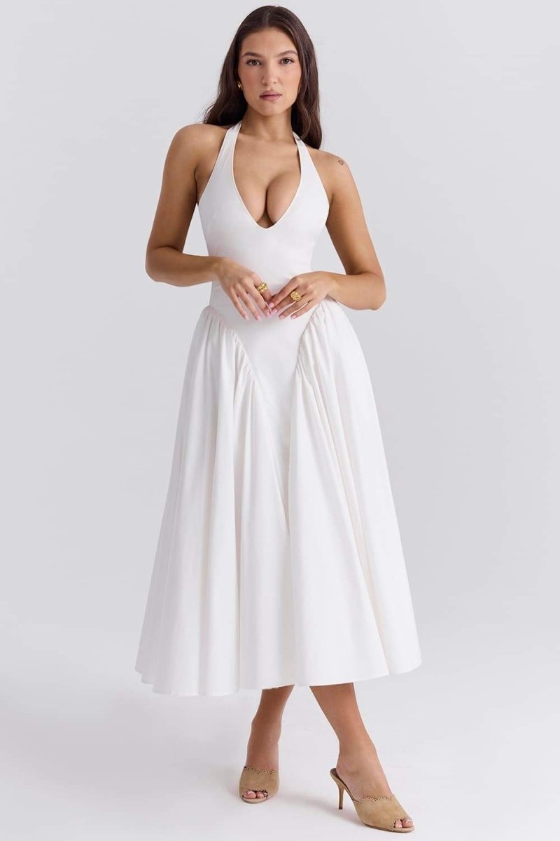 Witte halterneck midi jurk met A-lijn pasvorm en open rug – elegante damesjurk voor bruiloft, diner en chique gelegenheden