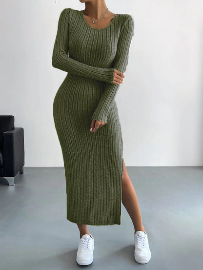 Groene gebreide bodycon midi jurk met split en lange mouwen