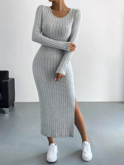 Grijze gebreide bodycon midi jurk met split en lange mouwen
