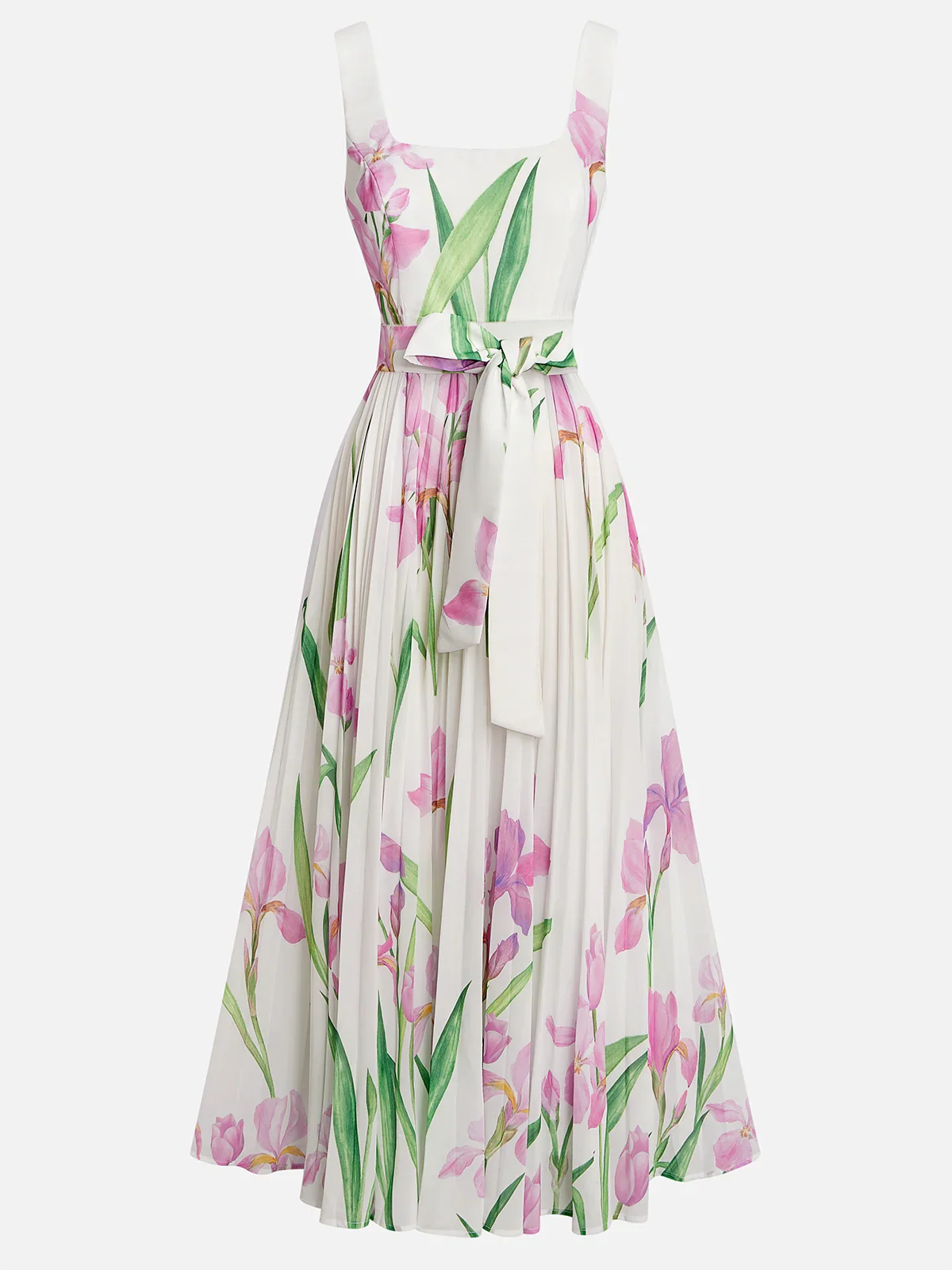 Isabella witte chiffon maxi jurk met bloemenprint en plissé rok
