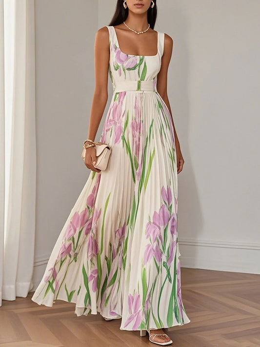 Isabella witte chiffon maxi jurk met bloemenprint en plissé rok