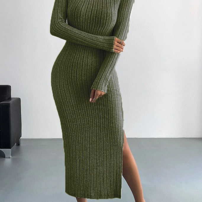 Groene gebreide bodycon midi jurk met split en lange mouwen