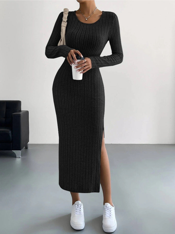 Zwarte gebreide bodycon midi jurk met split en lange mouwen