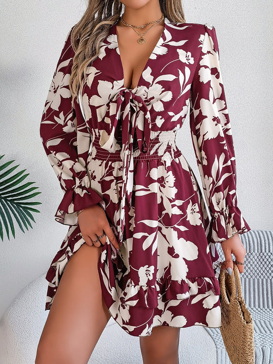 rode mini jurk met bloemenprint, diepe V-hals met strik en elastische taille – elegante damesjurk voor diner, vakantie en avond uit
